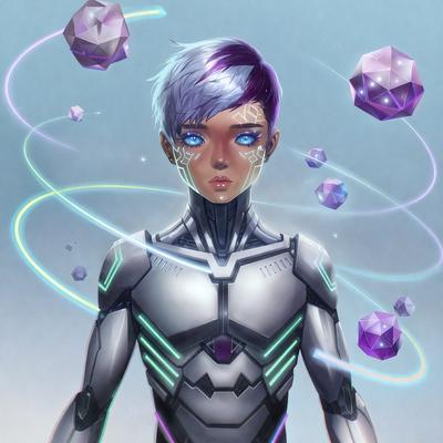 The primary subject of the image is a person wearing a futuristic, metallic outfit. The setting is a space with a backdrop of purple and blue geometric shapes. The visual style is digital art, and the colors and mood are predominantly purple and blue, giving the scene a futuristic and otherworldly atmosphere.